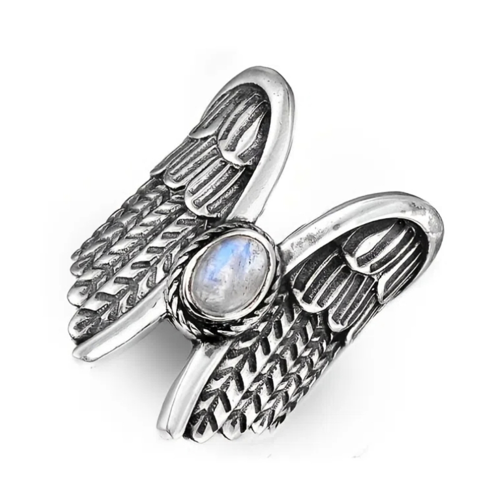 Angel Wings Moonstone Feather Ring Silver Plated Lab Created Gem Multiple Sizes - Picture 9 of 12